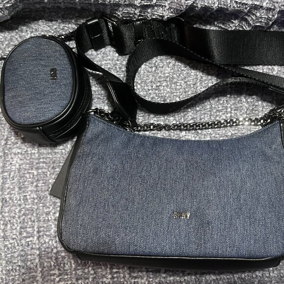 NWT DKNY Denim and Black Crossbody with detachable earbud/coin storage bag - Picture 1 of 10